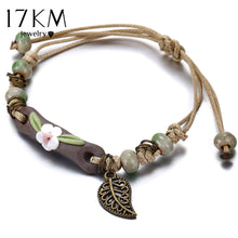Load image into Gallery viewer, 17KM Handmade Ceramic Flower Bracelets For Women Girls Gift Retro Leaf Beads Weave Rope Charm Bracelet Jewelry New Drop Shipping