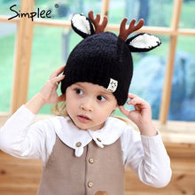 Load image into Gallery viewer, Christmas deer antlers design red baby hat Warm knitted kids caps for girls Cure animal ears autumn winter hat for girls
