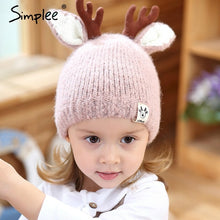 Load image into Gallery viewer, Christmas deer antlers design red baby hat Warm knitted kids caps for girls Cure animal ears autumn winter hat for girls