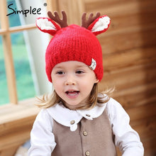 Load image into Gallery viewer, Christmas deer antlers design red baby hat Warm knitted kids caps for girls Cure animal ears autumn winter hat for girls