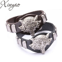 Load image into Gallery viewer, XINYAO 2019 Geunine Leather  Charm Wolf Bracelet Punk Style Black  Leather Cuff Bangle Male Gothic Spike Jewelry Best Gift